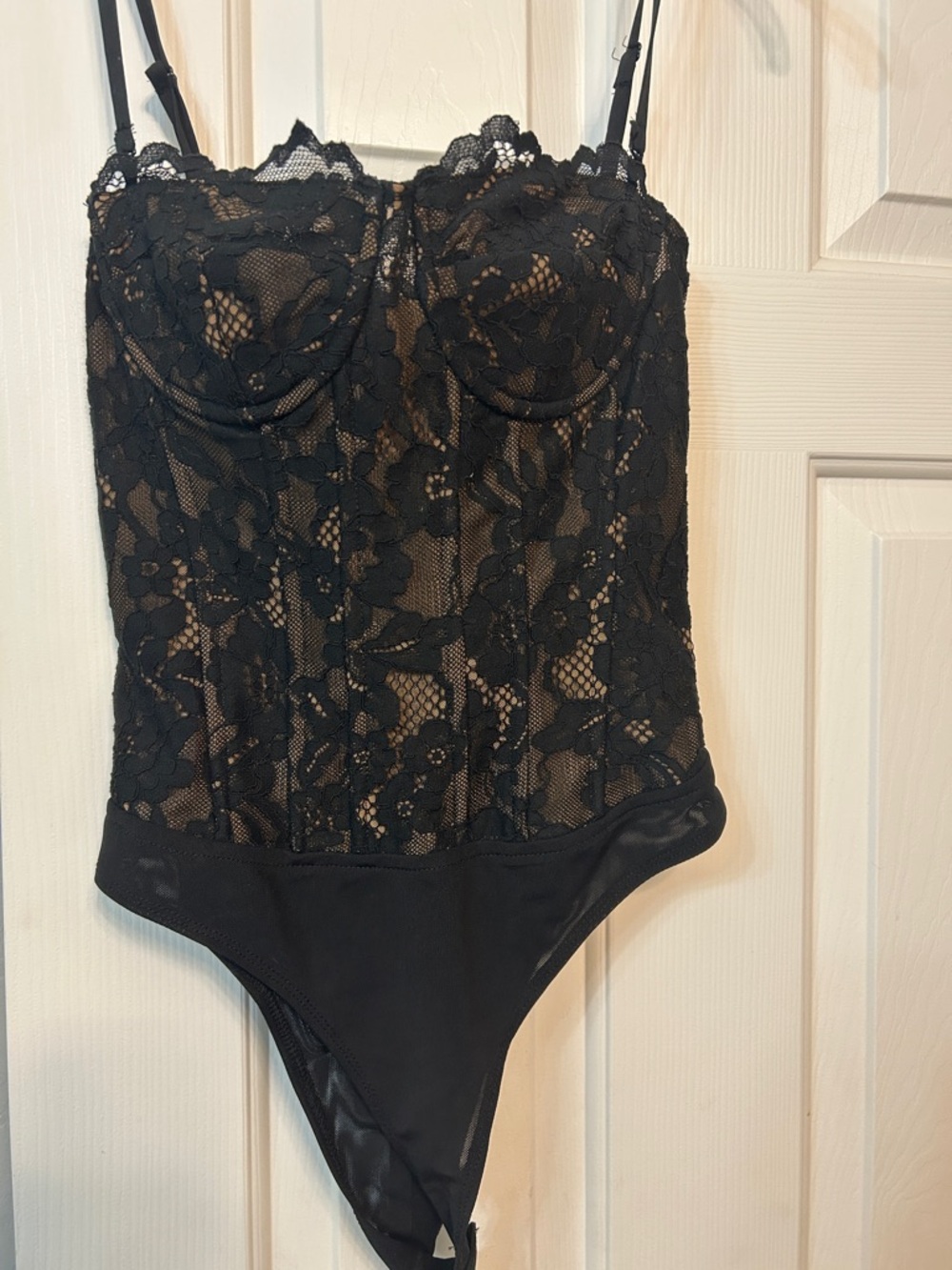 Black Lace Bodysuit with Sheer Floral Overlay - Picture 2 of 3